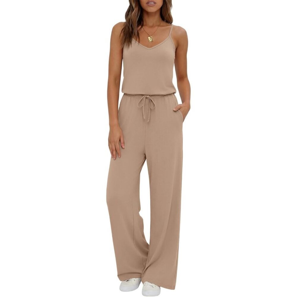 Women's Khaki Summer Dressy Sleeveless Wide Leg Long Pant Romper Jumpsuit